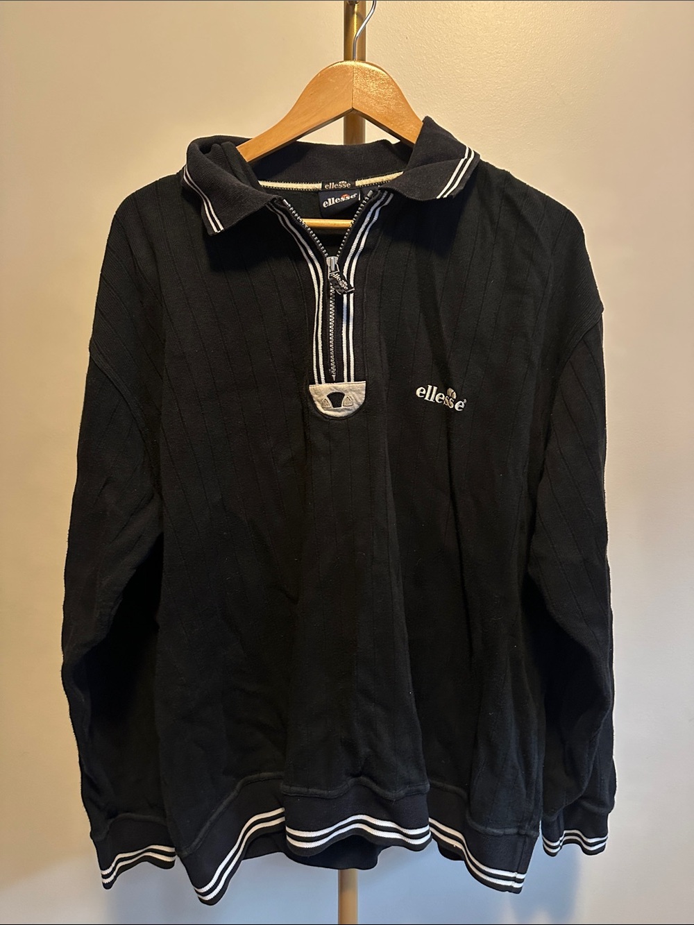 Ellesse Vintage Quarter Zip Pullover Sweatshirt Black White Men’s Large